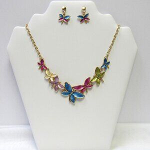 Gold Plated Multicolor Butterfly Dragonfly Necklace Earrings Jewelry Set